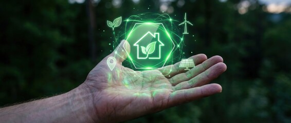Innovative eco-friendly home solutions urban setting digital overlay natural environment close-up perspective sustainable living concept