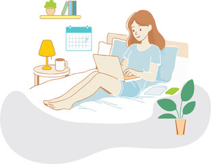 Obraz premium Work from home flat illustration a girl working on laptop in home