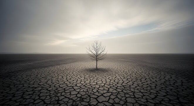 Lone leafless tree on cracked dry earth under overcast sky, desolate wide-angle landscape
