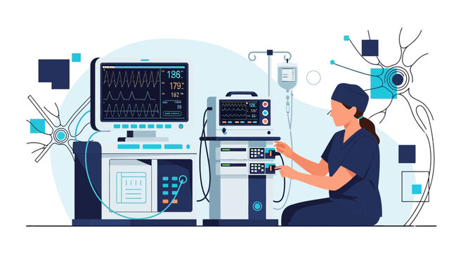 Medical Technology: Nurse Adjusts Anesthesia Machine Near Patient Monitor in Operating Room