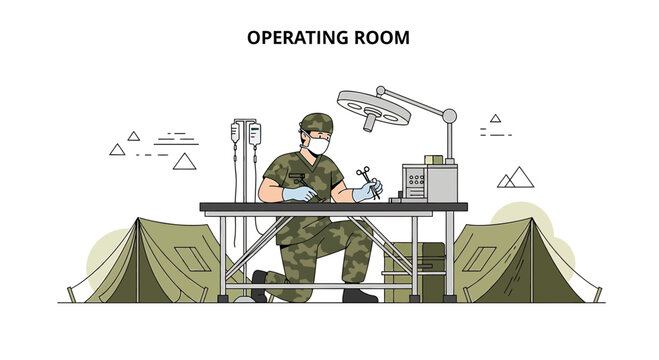 Military Field Operating Room: Surgeon Performs Surgery Under Tent Canopy