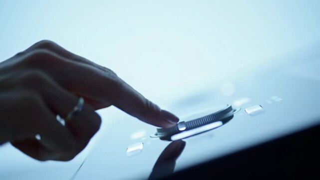 A meticulous human hand delicately adjusts a sleek, haptic control knob on a minimalist electronic console, with a soft bokeh background and cool diffused ambient light. Concept of precise control