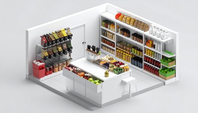 An isometric 3D miniature grocery store with organized bulk grain dispensers, spice jars, and colorful produce bins on white shelves.