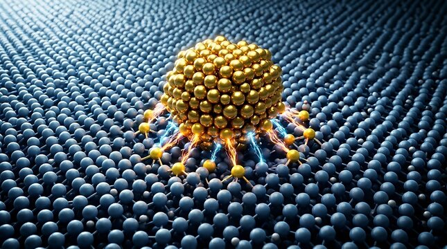 Atoms interact dynamically on a surface composed of smaller atoms in a laboratory setting for research purposes closely.
