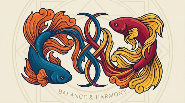 "Stylized illustration of two fish circling an infinity symbol with text 'BALANCE & HARMONY'."
