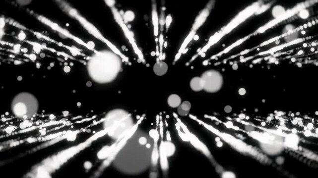 Elegant abstract digital landscape with ethereal white particles, sharp and bokeh, gently drifting in a deep black cosmic void. Static wide video, slow push-in. Concept of technological innovation