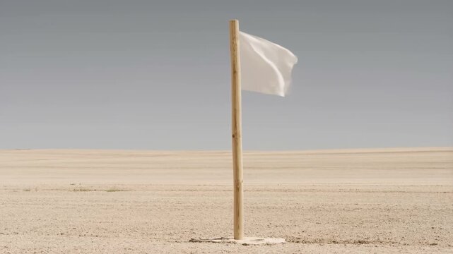 A solitary white flag waves gently on a wooden pole in the middle of a vast, arid desert landscape under a clear, pale sky.