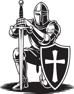 A black and white illustration depicts a kneeling knight holding a sword and shield ready for battle