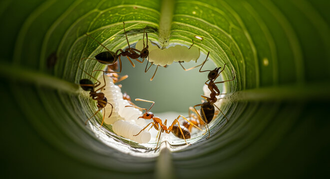 Inside Weaver Ant Nest POV with Kroto and Ant Activity Through Leaf Hole
