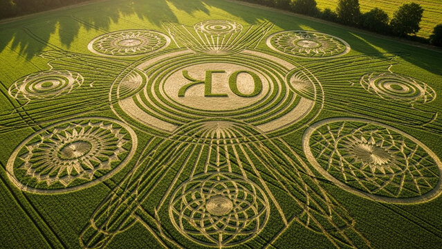 Intricate crop circle formation in green wheat field, featuring geometric patterns and swirling design, captured aerially