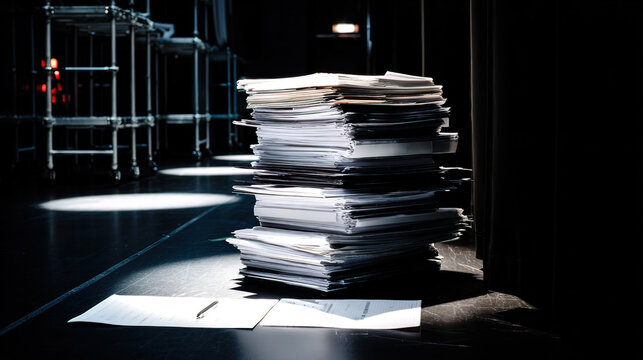 backstage. A table in the wings of a stage, stacked with bound scripts under dramatic lighting. event programs, museum guides, designed for cultural heritage projects and event programs.
