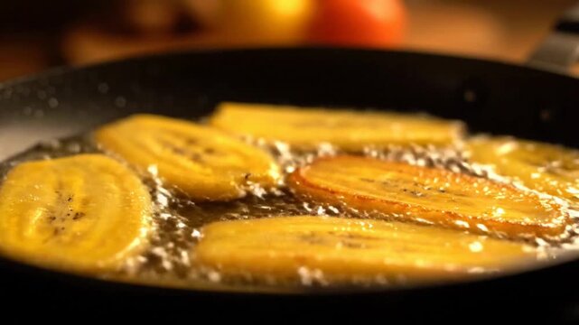 Fried plantains sizzling in hot oil, showcasing a golden crispy texture