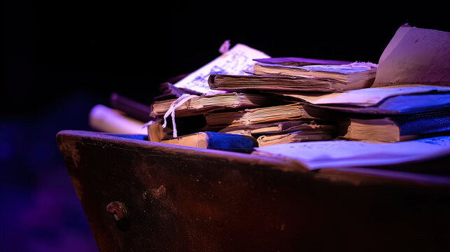 backstage. A table in the wings of a stage, stacked with bound scripts under dramatic lighting. event programs, museum guides, designed for cultural heritage projects and event programs.
