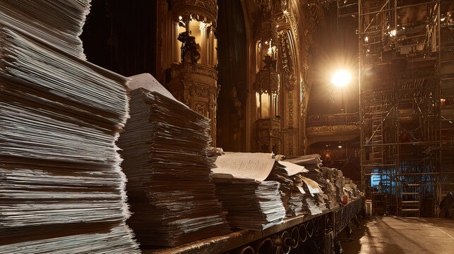 backstage. A table in the wings of a stage, stacked with bound scripts under dramatic lighting. event programs, museum guides, designed for cultural heritage projects and event programs.
