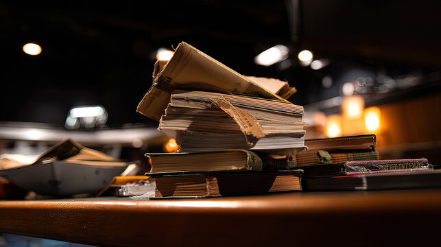 backstage. A table in the wings of a stage, stacked with bound scripts under dramatic lighting. event programs, museum guides, designed for cultural heritage projects and event programs.
