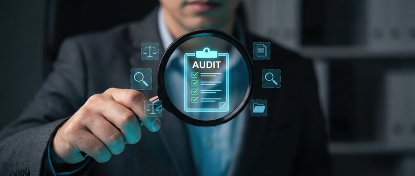 Conducting a comprehensive audit for business operations in a modern office environment with digital tools and analytics