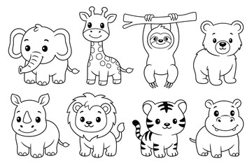Fototapeta premium Kids coloring page with cute animals doodles set