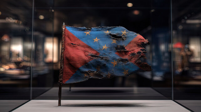 pennant. Tattered historical flag with burnt edges in a museum showcase. event programs, museum guides, designed for cultural heritage projects and event programs, preserves heritage.
