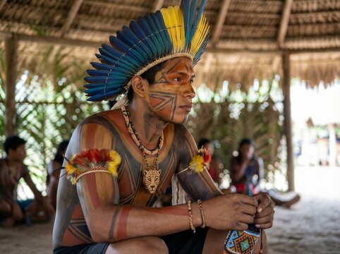 Indigenous man from the Brazilian Amazon with traditional adornments and body paint, in a community setting. Professional photograph, and cultural elements, with a blurred background.