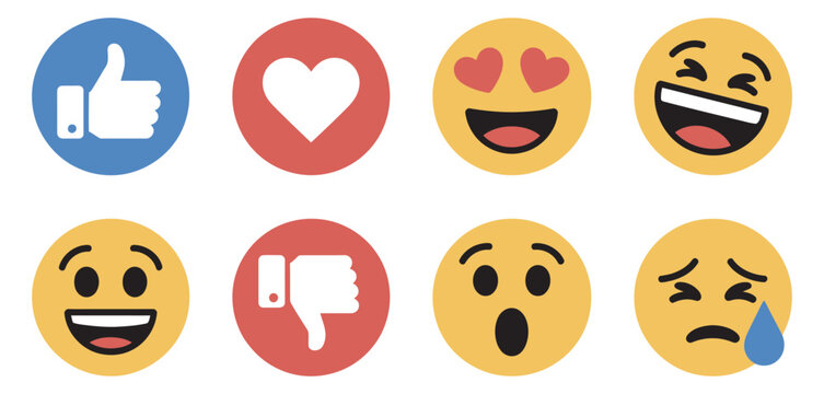 Social media reaction icon set, like love dislike laugh cry sad wow heart eyes emoji symbols chat messaging UI vector design