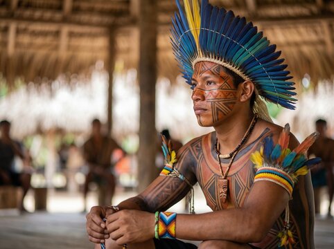 Indigenous man from the Brazilian Amazon with traditional adornments and body paint, in a community setting. Professional photograph, and cultural elements, with a blurred background.