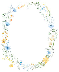 Naklejka premium Floral oval frame with yellow and blue watercolor wildflowers and leaves, hand drawn wedding illustration