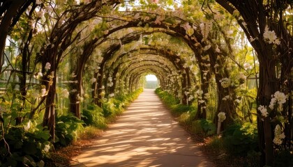 Obraz premium Enchanting floral tunnel path bathed in gentle sunlight, leading to a serene landscape, perfect for a romantic stroll or peaceful meditation