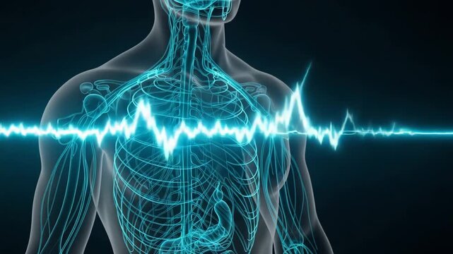 EKG Heartbeat Line Over Human Anatomy Visualization