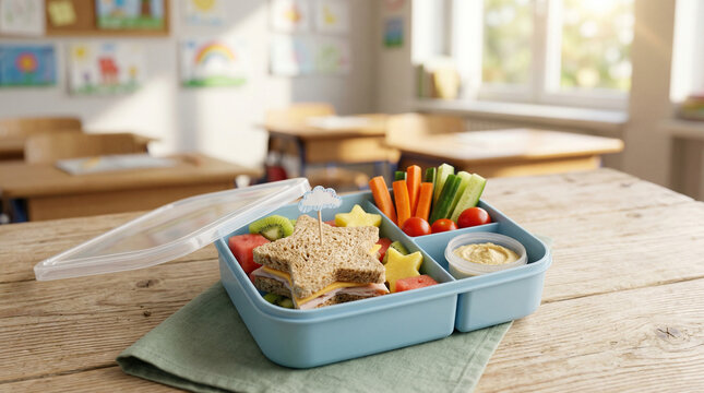 Fresh healthy school lunch box with copy space on table