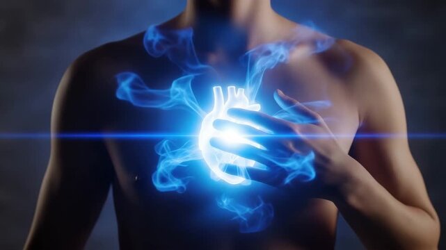 Glowing Blue Energy Heart inside Human Chest