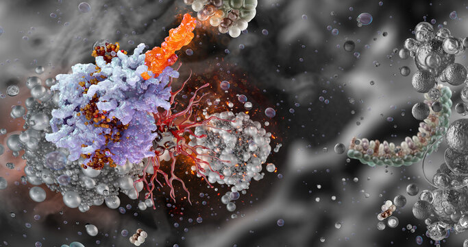 Molecular receptor binding with ligand nanostructure triggering a biochemical signaling pathway and immune activation. Pharmacology, immunology, oncology research to illustrate targeted drug delivery