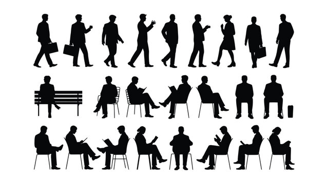 Isometric Black Silhouette People Vector Set:  Walking, and Talking Men and Women Sitting on Benches,