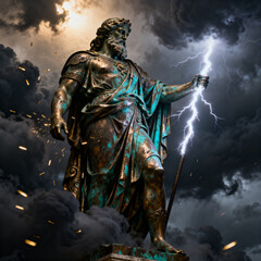 Fototapeta premium Majestic Bronze Statue of Zeus, the Greek God of Sky and Thunder, Holding a Glowing Lightning Bolt Amidst Dark Storm Clouds and Flying Sparks, Epic Mythological Illustration.