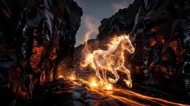 A stunning digital illustration of a spectral horse made of fire and flames galloping through a dark stone canyon under a starry night sky.