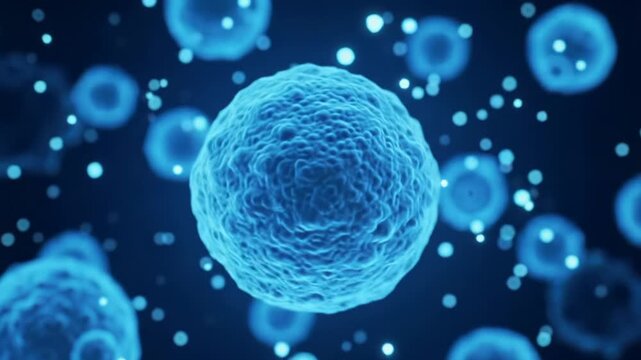 An extreme close-up macro video of a vibrant blue biological cell with an organically textured nucleus, slowly rotating in a deep blue microscopic void with ethereal elements and bokeh, concept of