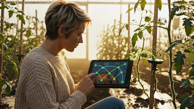 Woman farmer scans tomato plant with digital tablet. Smart technology connects tablet to plant sensor. Farmer monitors agriculture data on screen. Future farming innovation in modern greenhouse.