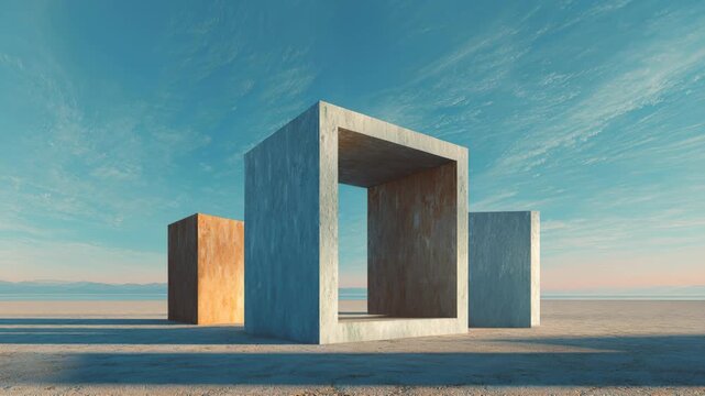 Old wooden farmhouse doors open like a stairway to heaven toward blue sky clouds and industrial warehouse architecture