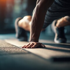 Fototapeta premium Close up of athletic legs doing mountain climber exercise on yoga mat, hiit training and energy perfect for fitness motivation and active lifestyle concept