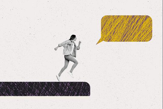 Collage of person running with speech bubble representing thoughts ideas mind communication and emotions