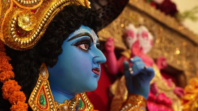 Close up of Lord Vishnu idol in India, showing divine expression, intricate details and spiritual presence in traditional Hindu worship.