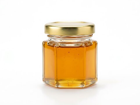 Blank clear hexagonal glass jar with gold lid mockup isolated on white