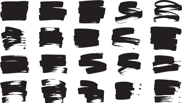 Grunge black ink brush strokes set, 20 hand drawn paint smear vector elements, textured charcoal marker scribbles for artistic graphic design