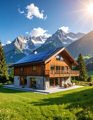 Fototapeta premium Wooden mountain chalet with solar panels, nestled near majestic peaks under sun