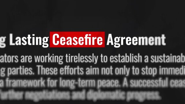 Ceasefire Highlighted Text Typography on Dark Background. Diplomatic Talks, War De-Escalation, Peace Agreement, Conflict Resolution, Global Stability and International Relations. 4K Video Animation