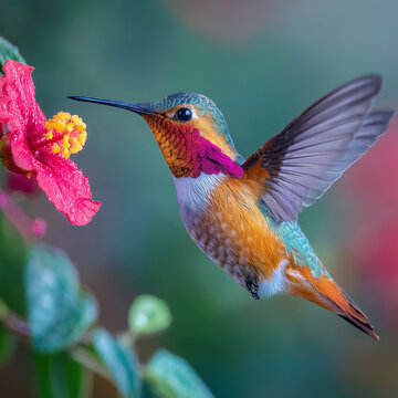 Macro View of Hummingbird Drinking Nectar from Flower in Natural Garden Setting