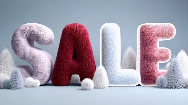 Retail promotion campaign advertisement. A 3D rendering of the word SALE spelled out in bold, textured letters. The letters are rendered in a gradient of colors red, white, and gray.