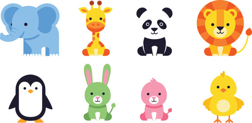 Naklejka premium Cute Animal Icons Set Featuring Elephant, Giraffe, Panda, Lion, Penguin, Bunny, Baby Chick, and Lion for Kids, Nursery, and Fun Designs
