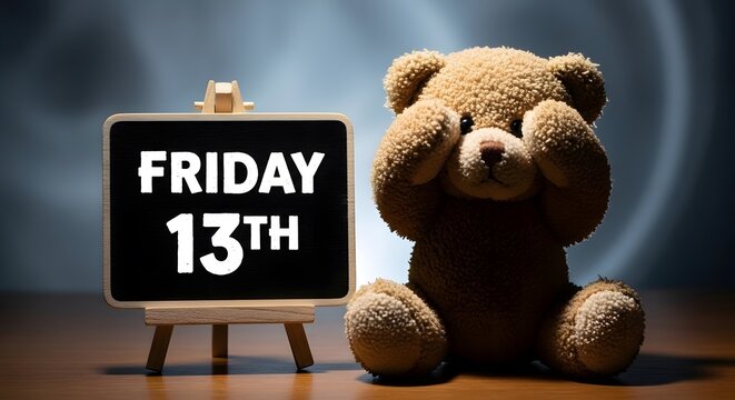 Cute teddy bear next to a sign indicating Friday 13th