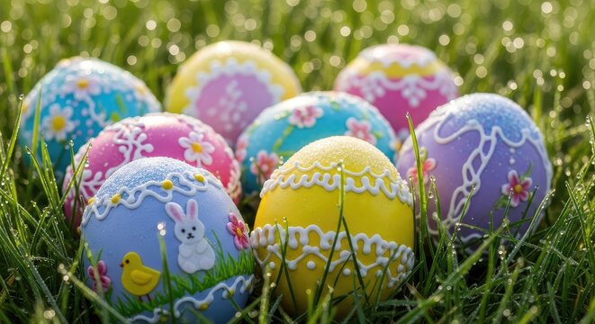 Colorful Easter eggs in grass.