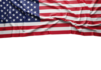 Fototapeta premium Ultra-realistic photo of the usa national flag draped with soft folds and internal shadows, top view against a bright transparent background offering copy space, concept of national pride and